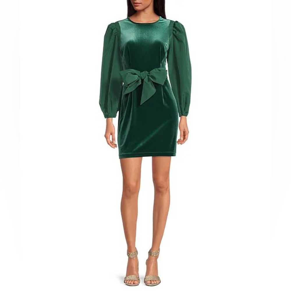 LDT Hannah Stretch Velvet Bow Sash Crew Neck Puff Sleeve Mini Dress size 2 NWT